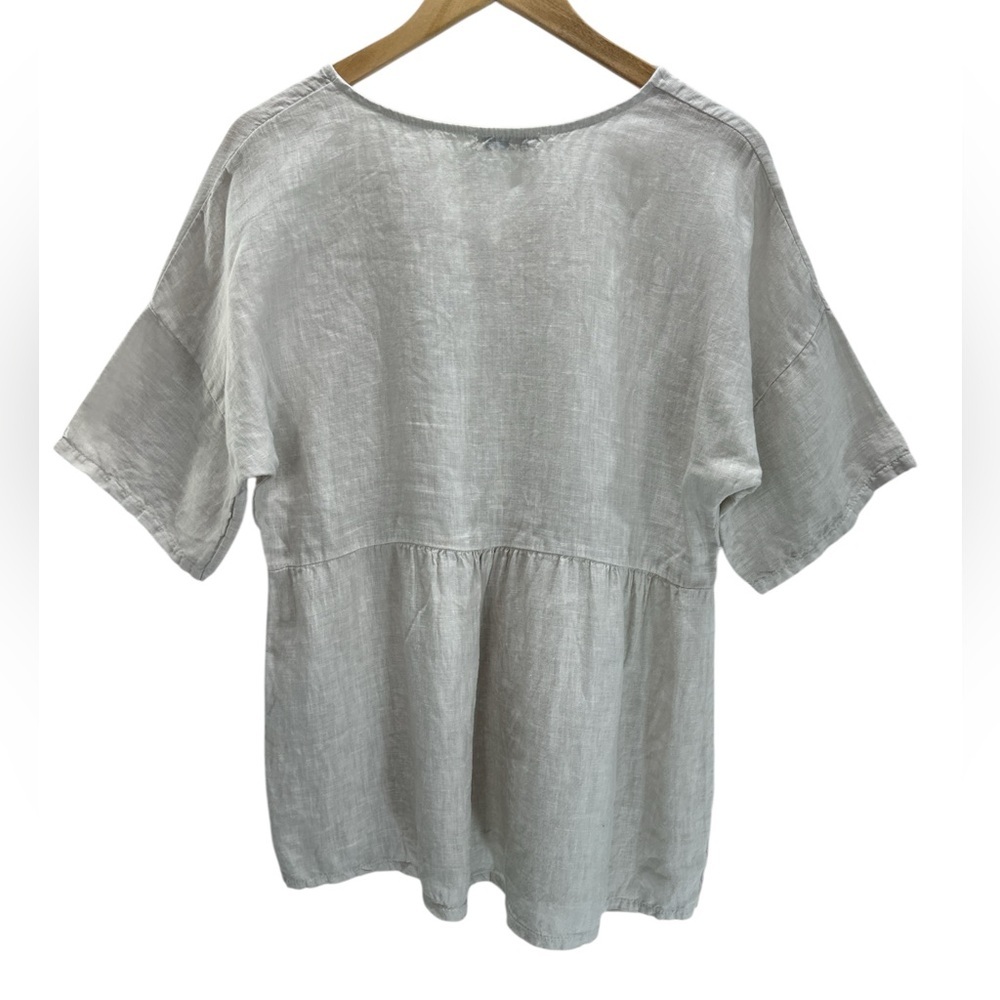 Terzo Millennio Made In Italy Neutral Linen Lace Trim Short Sleeve Blouse Top L - Picture 2 of 8